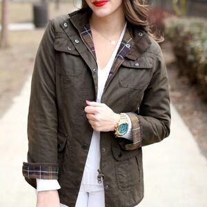 Barbour Dark Green Jacket with Plaid Trim